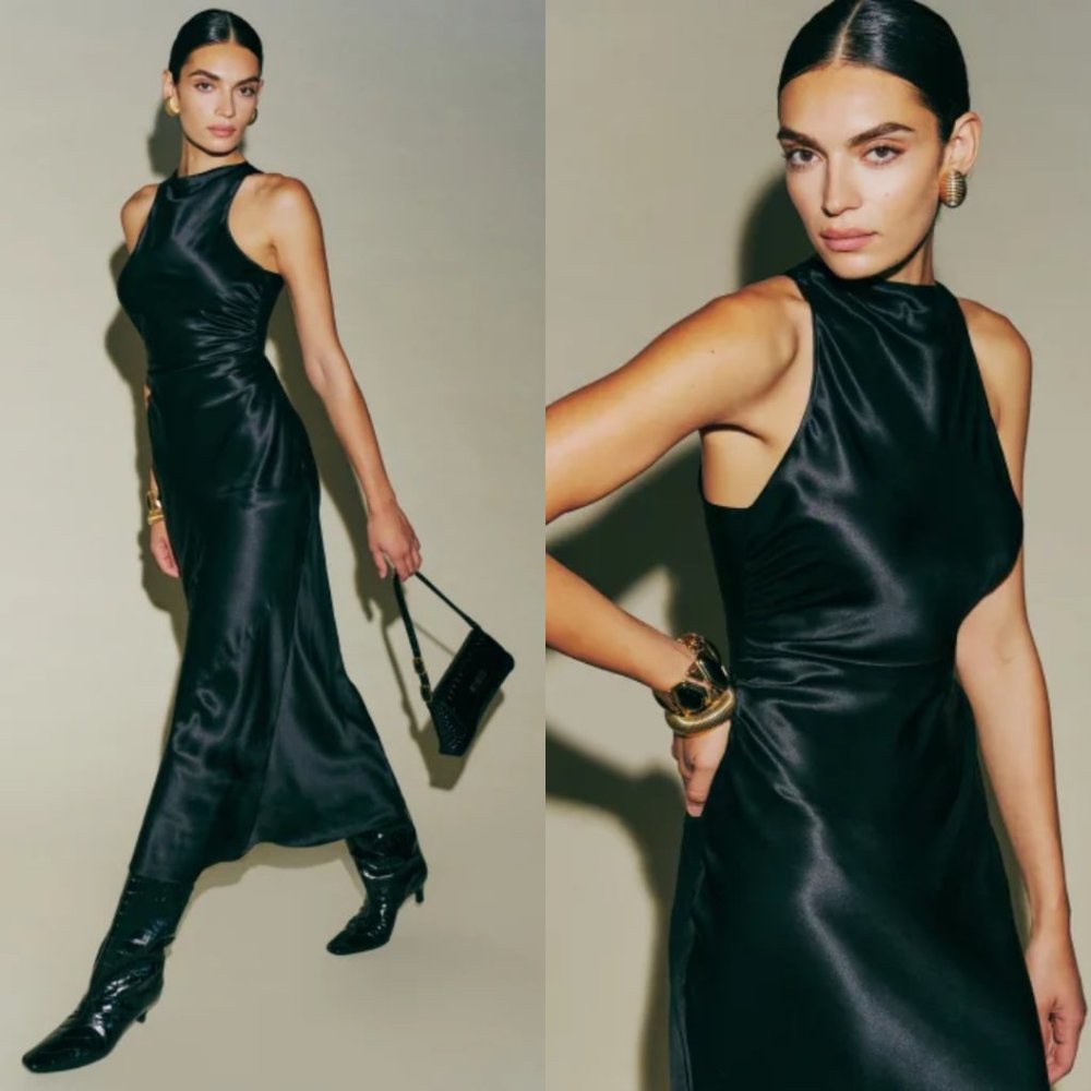 NWT Reformation Casette Midi Silk Dress SZ 6 Black Cowl Neck Open Back Cowl